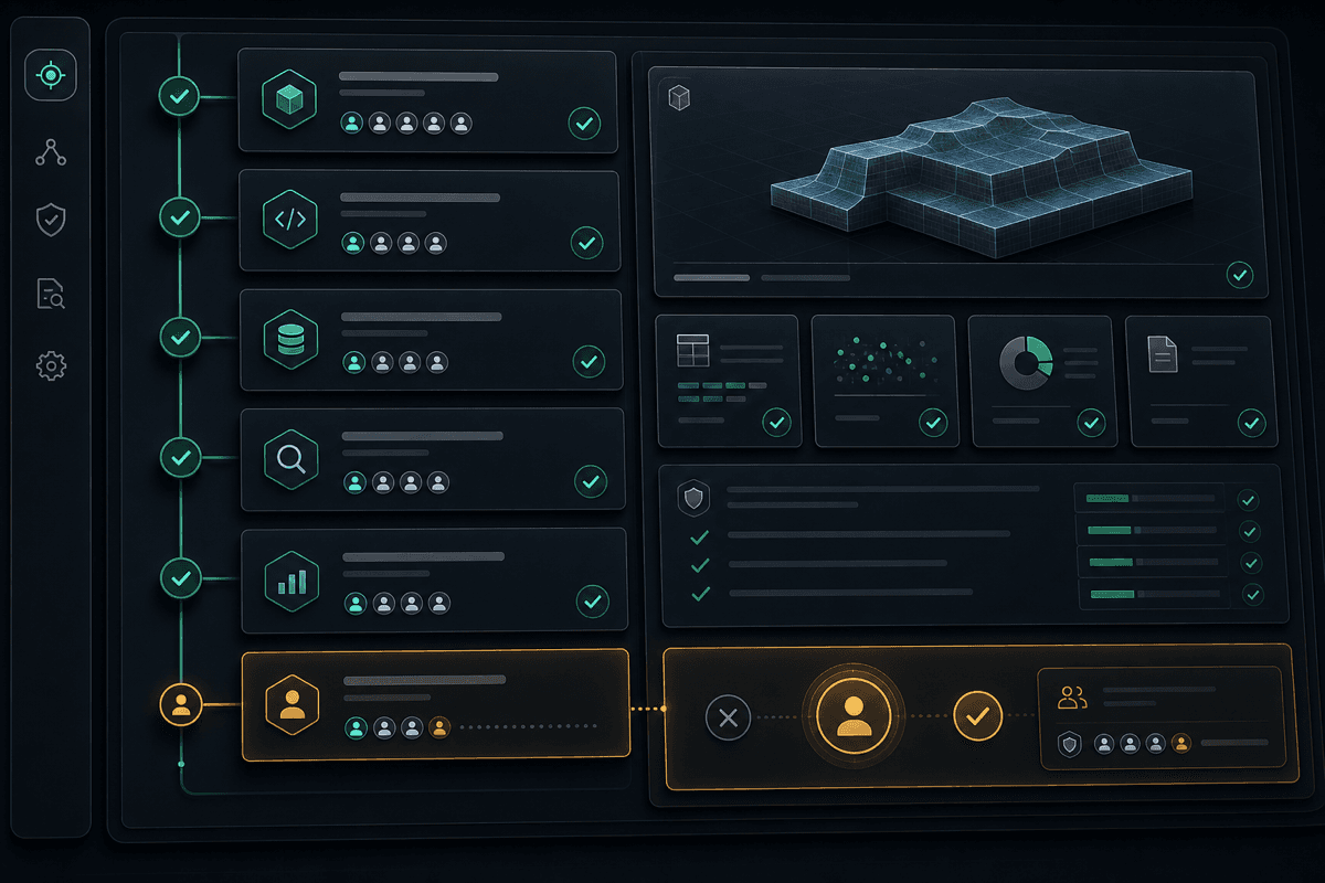Execution trace with verified checks, evidence cards, an artifact preview, and a human approval gate.